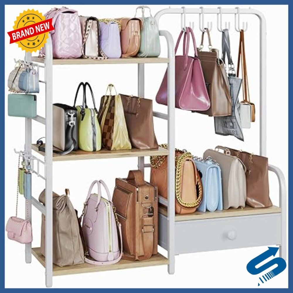 Large 3-Tier Purse Organizer with Drawer, Freestanding Storage Rack